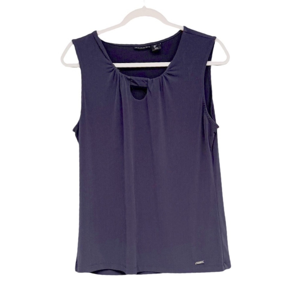 Tahari Womens Navy Sleeveless Keyhole Neck Knit Shell Top Sz. L capsule basic